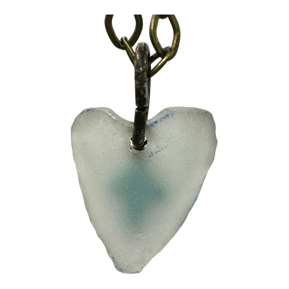 Light Green Sea Glass Heart Pendant with Turquoise Cross Charm, Artisan Crafted - Picture 11 of 13
